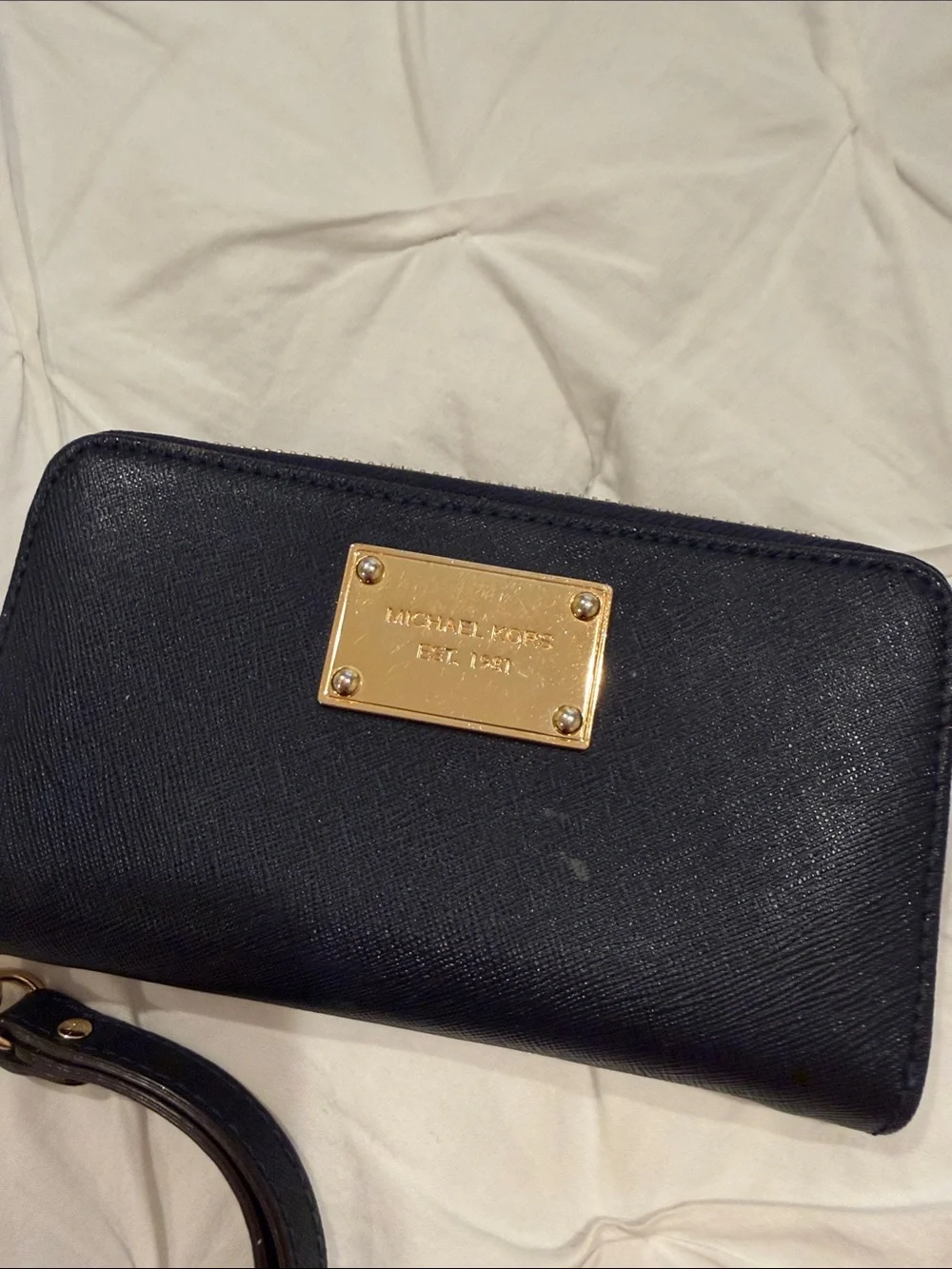 Michael Kors Blue Leather Zip Wristlet with Gold Plaque